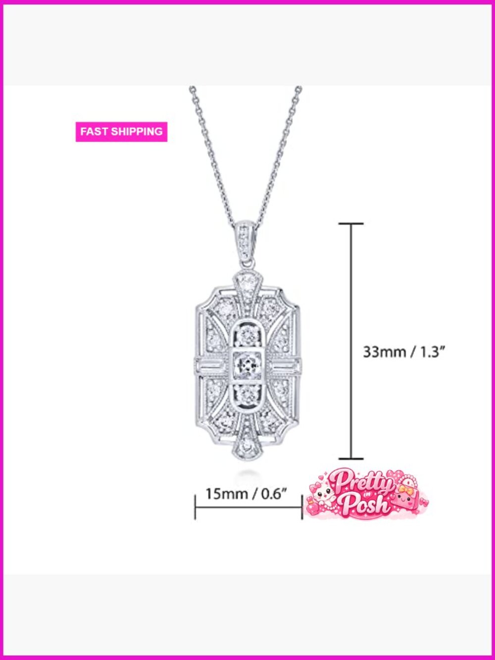 Sterling Silver Art Deco Milgrain Pendant Necklace Cubic Zirconia 18 inch - Picture 3 of 7